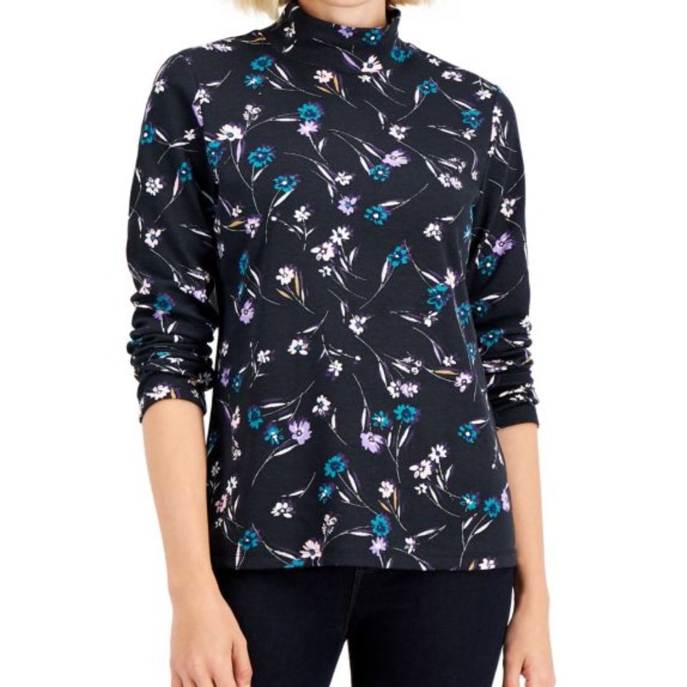 KAREN SCOTT BLACK FLORAL PRINT LONG SLV MOCK NECK